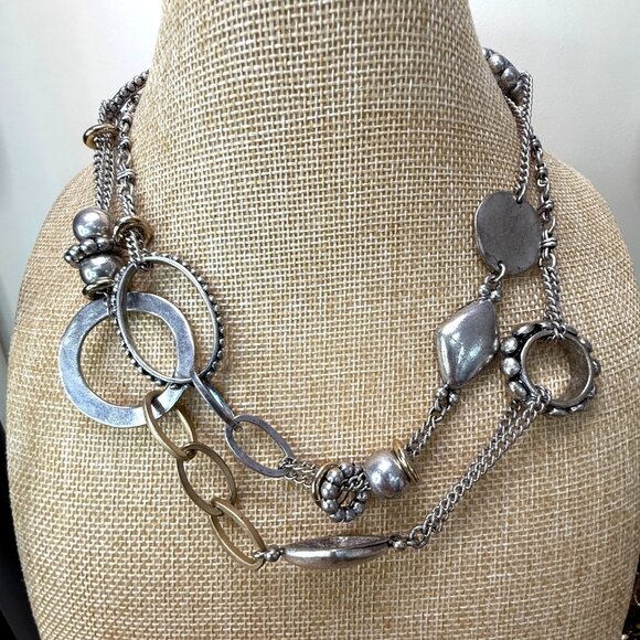 Chicos Mixed Metal Silver & Gold-Tone Long Layered Chain Necklace With Textured - Picture 1 of 11